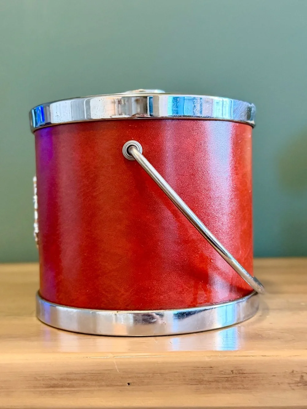 Vintage MCM Ice Bucket Bar Set Red Faux Leather w/ Tools Vegas Glam